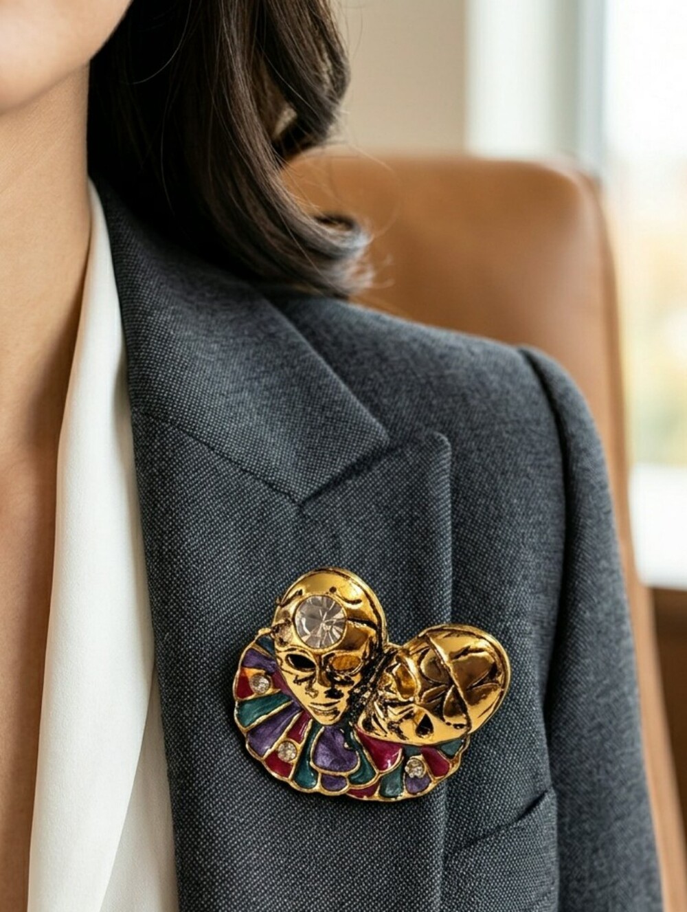 Mardi Gras Pierrot Gold Pin Brooch Sad Clown Two Face Gem Stone Diamond